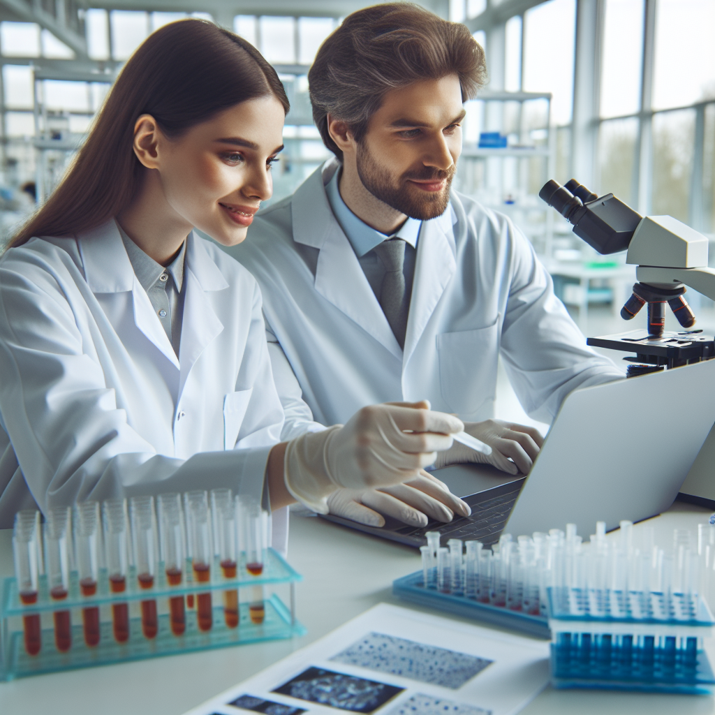 Caucasian scientists analyzing pathology samples in lab