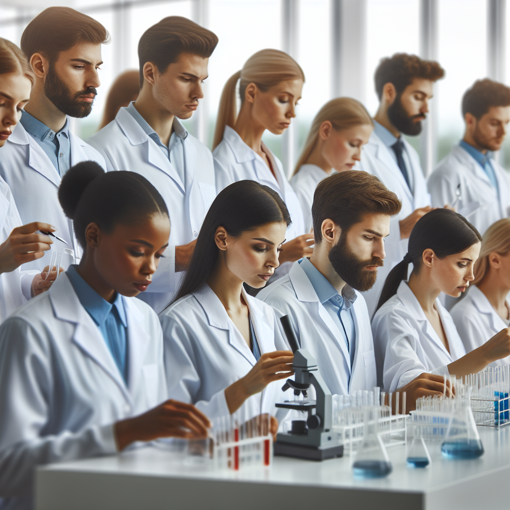Realistic stock image of lab technicians analyzing samples.